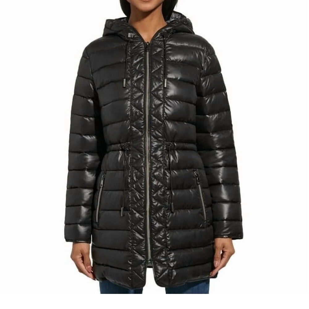 Kenneth Cole Reaction Shiny Black Hooded Puffer Coat